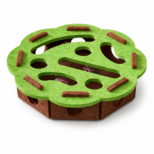 Furkly Cat Puzzle Maze Toy – Interactive Felt Play Box with Holes, Bell Ball & Treat-Hiding Game for Indoor Cats